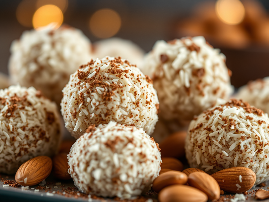 Palline alle mandorle con scaglie di cocco e cacao 1
